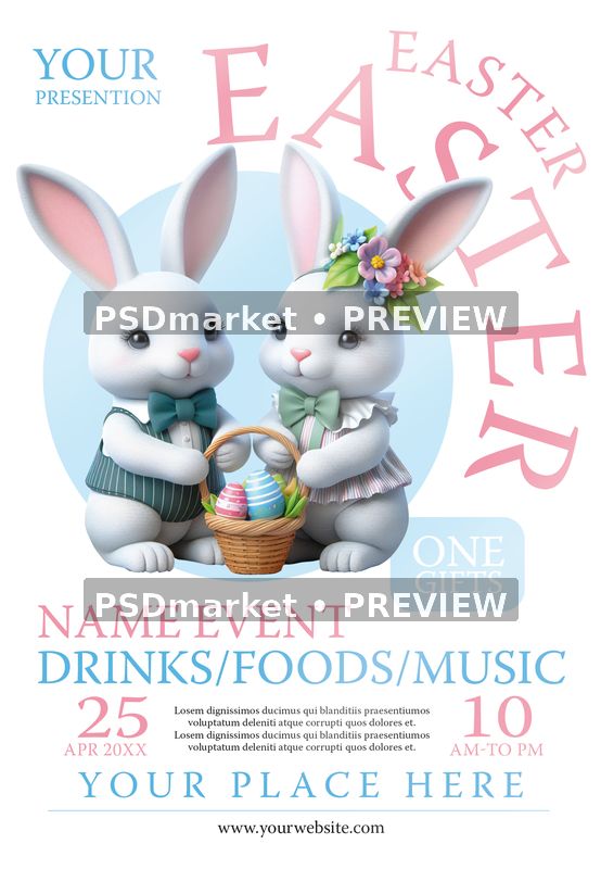 Easter Day Pastel Bunny Pair Flyer PSD Template — PSD template preview