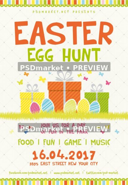 Easter Egg Hunt flyer with colorful eggs, gift boxes, butterflies, orange and green lettering, and two horizontal PSDmarket preview watermarks