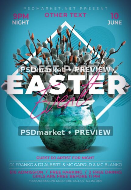 Easter Event flyer with pussy willow branches in a turquoise vase, white geometric framing and two horizontal PSDmarket preview watermarks