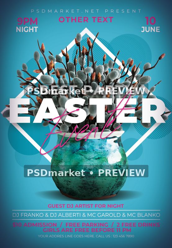 Easter Event flyer with pussy willow branches in a turquoise vase, white geometric framing and two horizontal PSDmarket preview watermarks