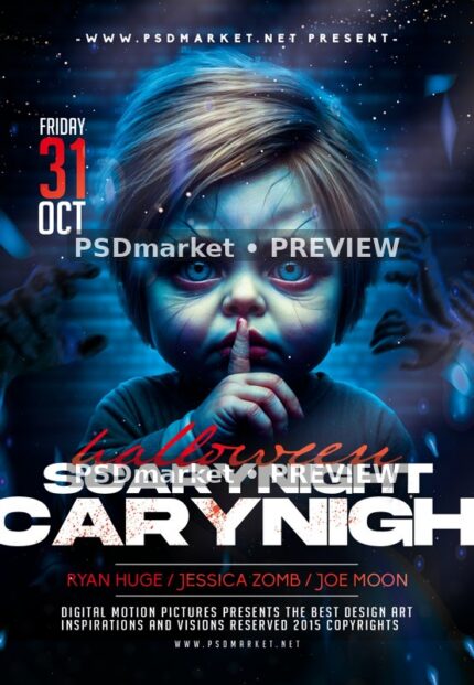 Eerie Child Scary Night Halloween Poster PSD Template — reduced watermarked source artwork preview
