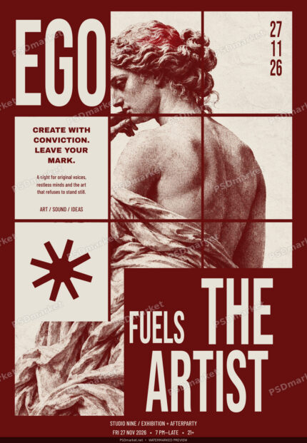 EGO Fuels the Artist burgundy and cream editorial flyer with classical sculpture and graphic grid, protected PSDmarket preview