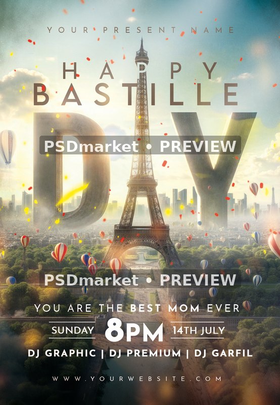 Eiffel Tower Balloon Bastille Day Flyer PSD Template — PSD template preview