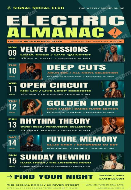 Electric Almanac Weekly Nights editable PSD flyer template protected preview