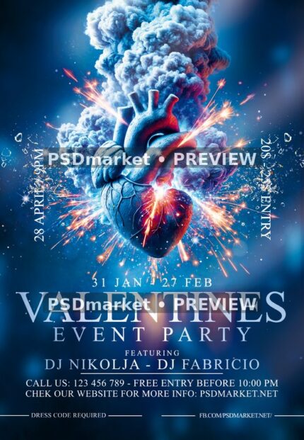 Electric Blue Anatomical Heart Valentine Event Flyer PSD Template — PSD template preview