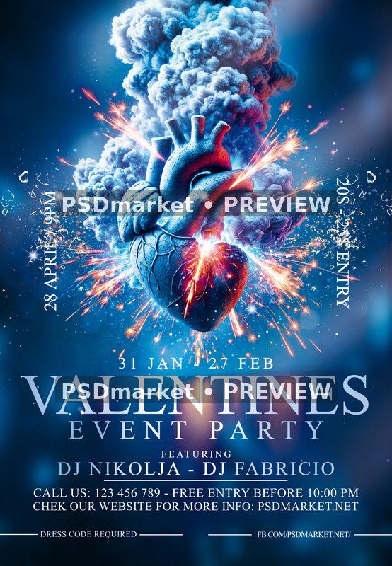Electric Blue Anatomical Heart Valentine Event Flyer PSD Template — PSD template preview