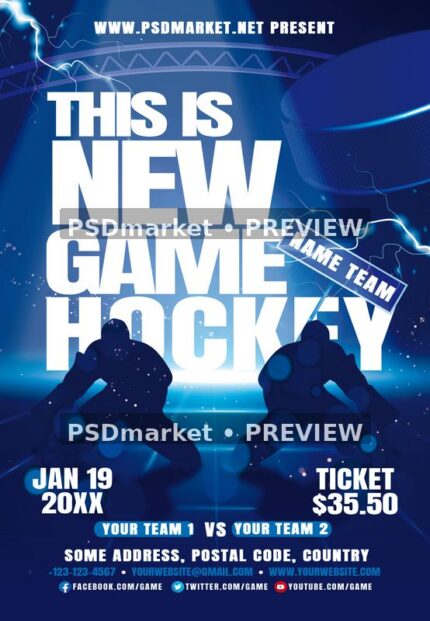 Electric blue hockey game flyer with bold white title, player silhouettes, large puck and lightning