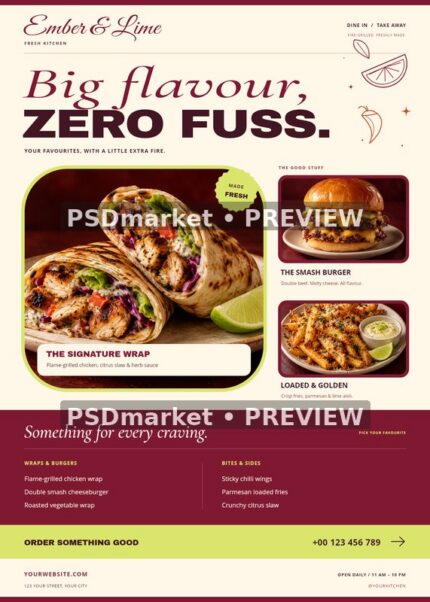Ember & Lime Restaurant Food Flyer PSD Template — PSD template preview