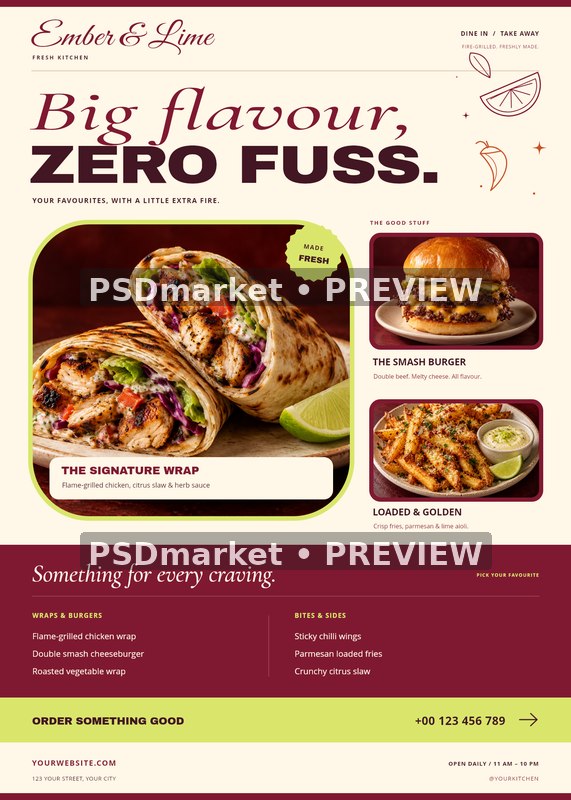 Ember & Lime Restaurant Food Flyer PSD Template — PSD template preview