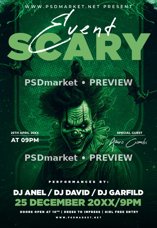 Emerald Clown Scary Event Flyer PSD Template — reduced watermarked source artwork preview