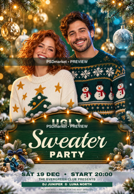 Smiling couple in Christmas sweaters with an emerald wooden Ugly Sweater Party sign, snowy pine and ornaments, protected by two horizontal PSDmarket preview watermark bands.