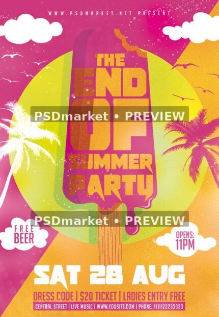 Pink and yellow End of Summer party flyer with popsicle-shaped title, palms, and two PSDmarket preview watermarks
