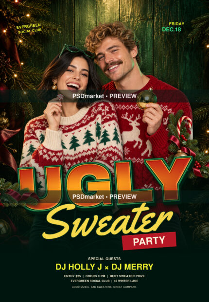 Evergreen Ugly Sweater Party Flyer PSD Template — PSD template preview