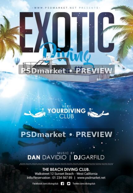 Exotic Diving Boat and Underwater Flyer PSD Template — PSD template preview