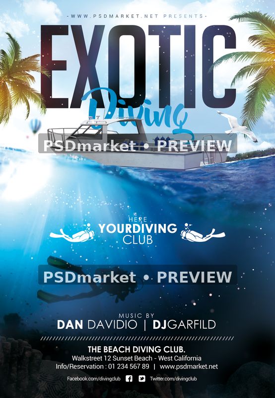 Exotic Diving Boat and Underwater Flyer PSD Template — PSD template preview