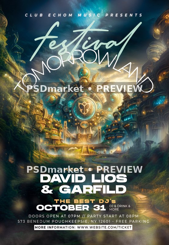 Fantasy Mechanical Tomorrowland Festival Flyer PSD Template — PSD template preview