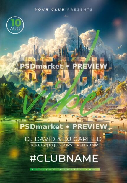 Fantasy Waterfront Beach Vibe Flyer PSD Template — PSD template preview