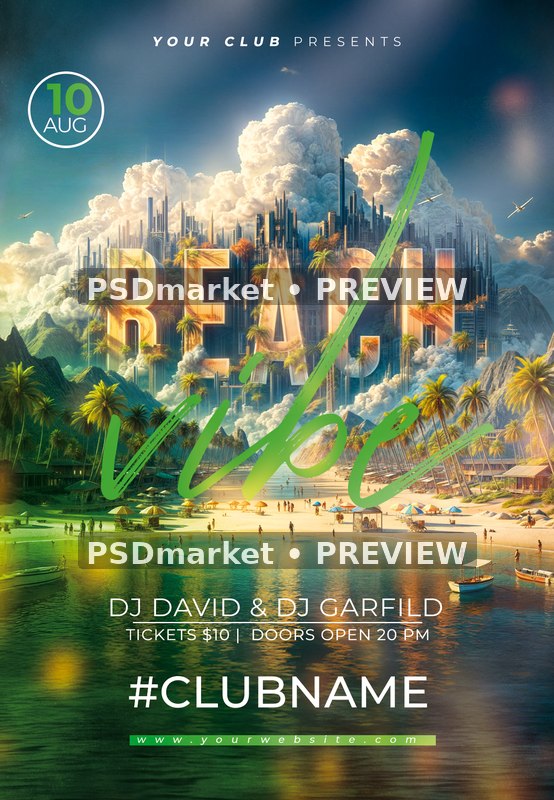 Fantasy Waterfront Beach Vibe Flyer PSD Template — PSD template preview