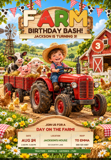 Farm Birthday Bash invitation with colorful FARM lettering, a fictional child seated on a red tractor, friendly animals and editable event panels; watermarked preview