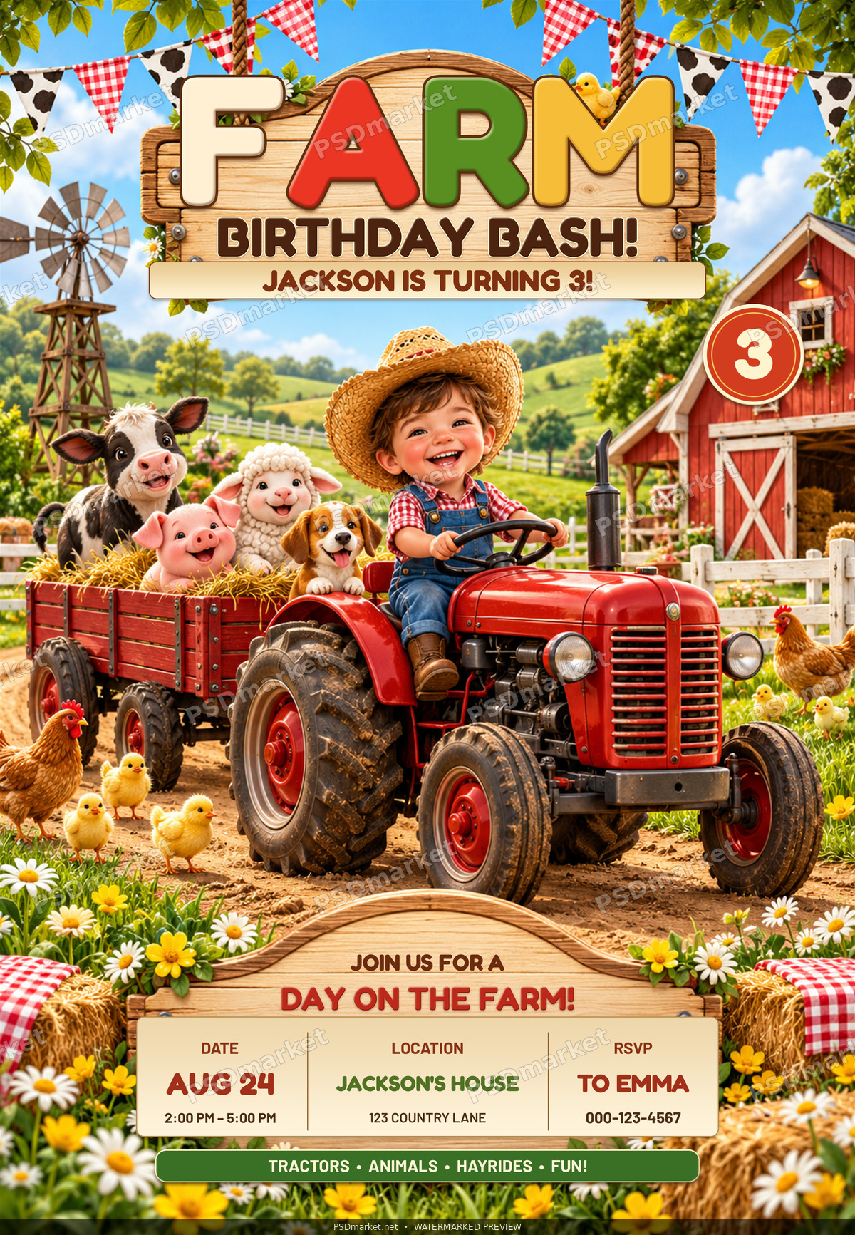 Farm Birthday Bash invitation with colorful FARM lettering, a fictional child seated on a red tractor, friendly animals and editable event panels; watermarked preview