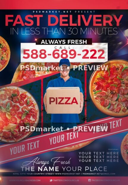Fast Pizza Delivery Service Flyer PSD Template — PSD template preview