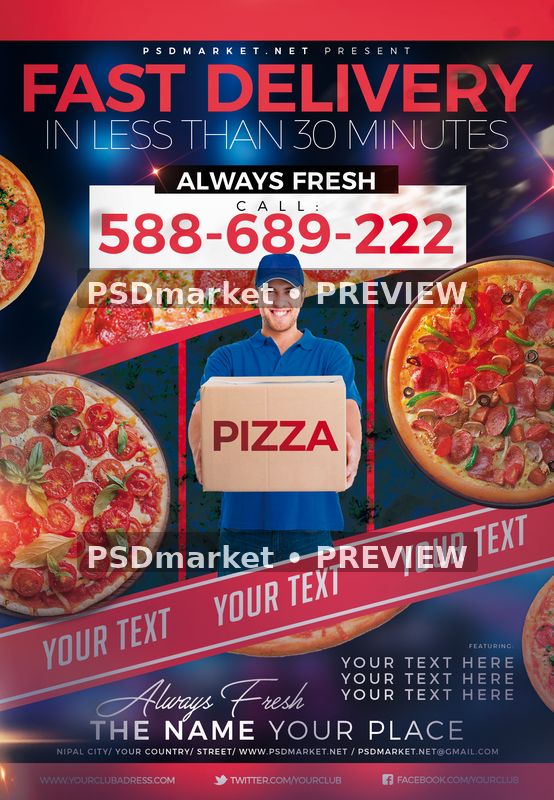 Fast Pizza Delivery Service Flyer PSD Template — PSD template preview