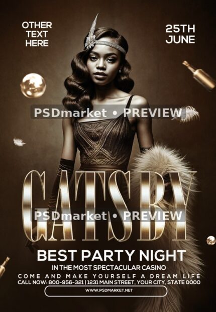 Feather Headband Gatsby Party Flyer PSD Template — PSD template preview