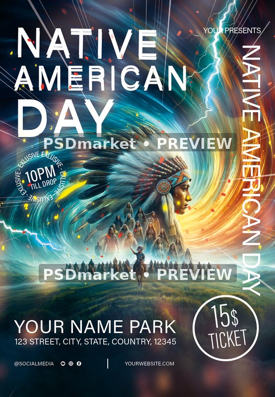 Feathered Headdress Native American Day Flyer PSD Template — PSD template preview