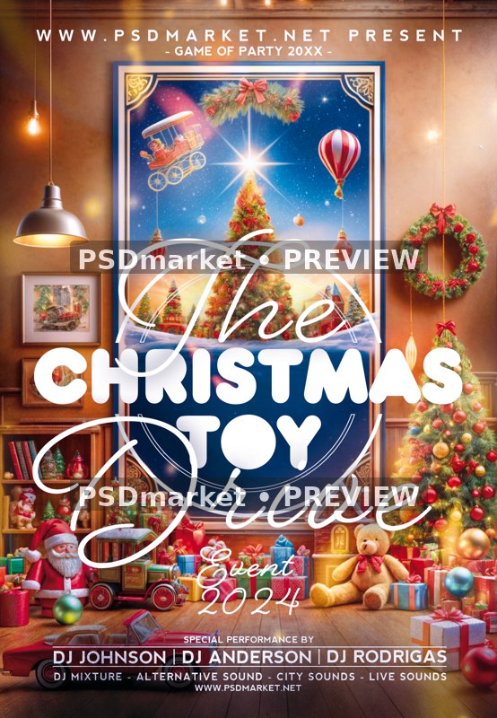 Festive Toy Room Christmas Drive Flyer PSD Template — PSD template preview