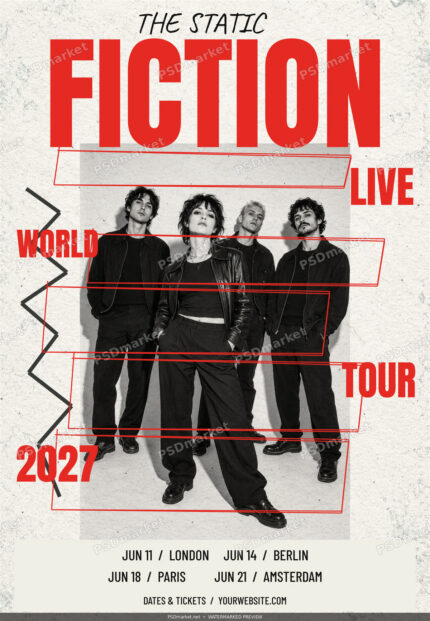Fiction Live Tour flyer with oversized red lettering, a black-and-white four-person band portrait and off-white paper texture. Protected watermarked preview.