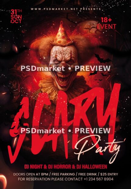 Fiery Clown Scary Club Party Flyer PSD Template — reduced watermarked source artwork preview