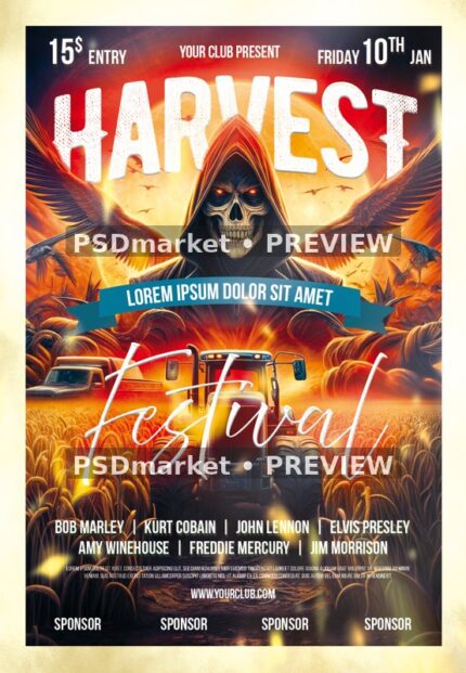 Fiery Hooded Skeleton Harvest Festival Flyer PSD Template — PSD template preview