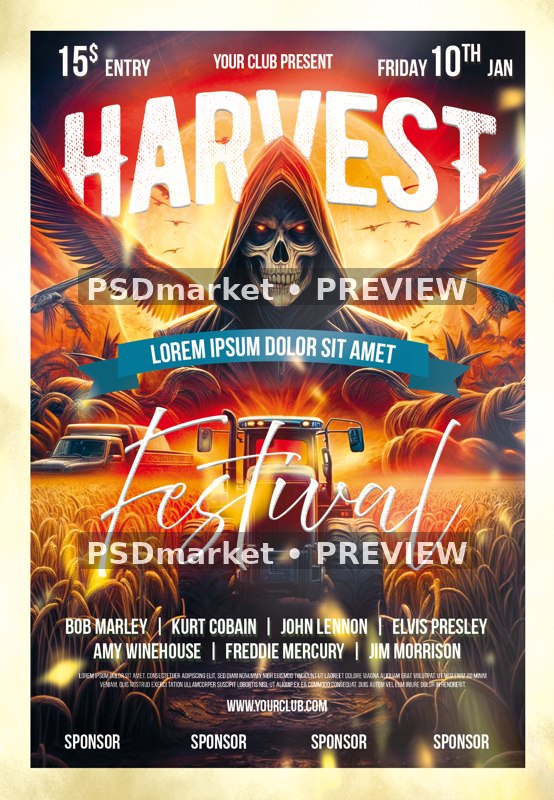 Fiery Hooded Skeleton Harvest Festival Flyer PSD Template — PSD template preview