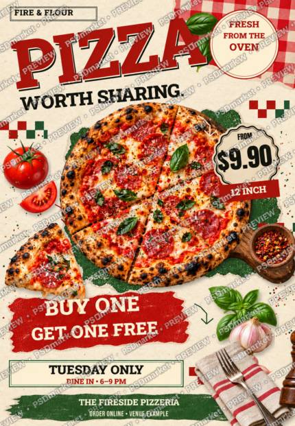 Fire and Flour Pizza Restaurant Flyer PSD Template — PSD template preview