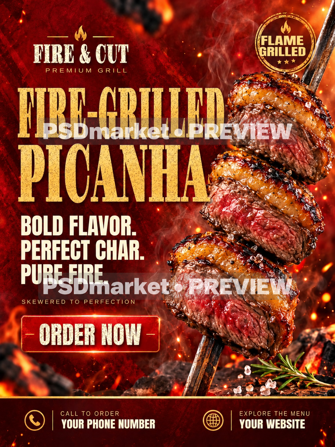 Fire and Cut Picanha Grill Flyer PSD Template — PSD template preview