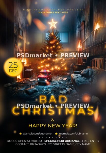 Firelit Room Bad Christmas Flyer PSD Template — reduced watermarked source artwork preview