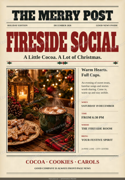 Fireside Social Christmas newspaper party flyer with red headline, cream paper and cocoa photograph, protected PSDmarket preview