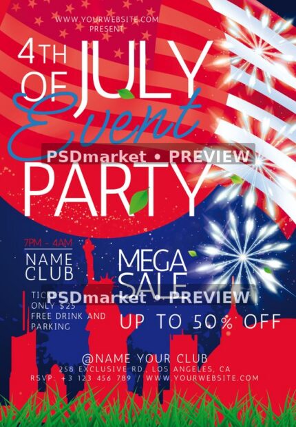 Fireworks July Fourth Party Flyer PSD Template — PSD template preview