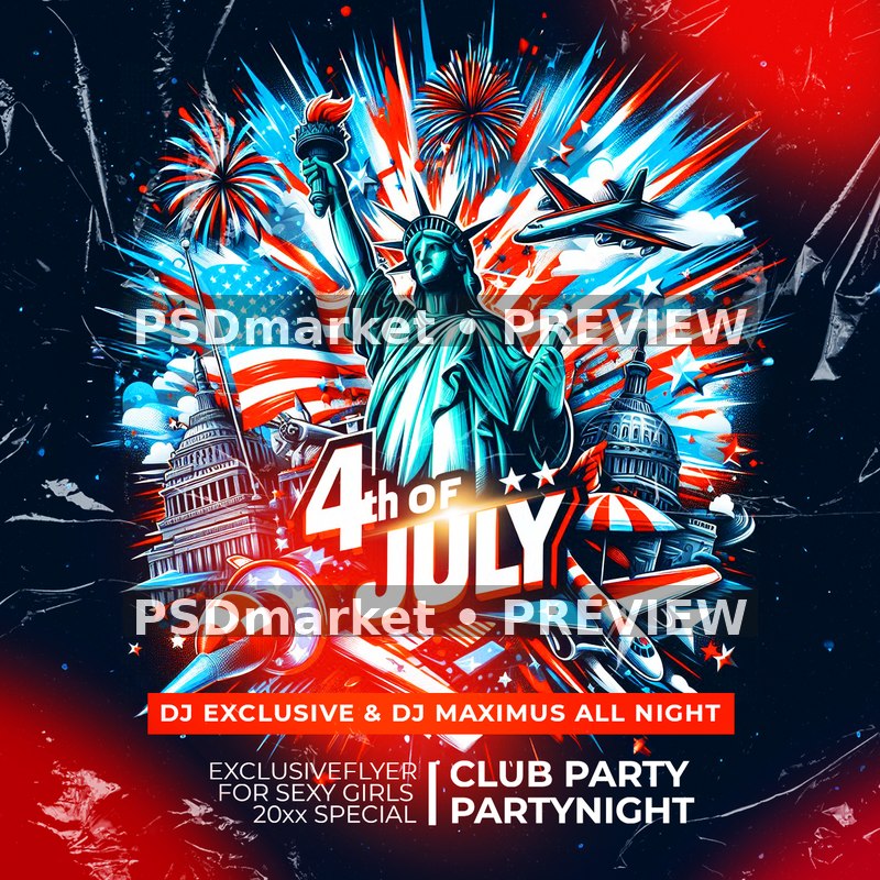 Fireworks Liberty Independence Day Square Flyer PSD Template — PSD template preview