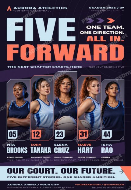 Five Forward Women's Basketball Starting Five Flyer PSD Template with PSDmarket preview watermark