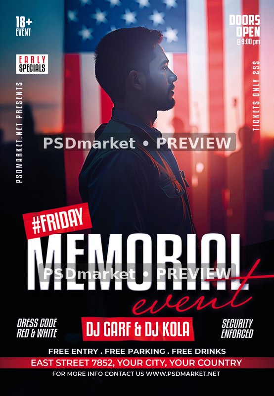 Flag Backdrop Soldier Memorial Event Flyer PSD Template — PSD template preview