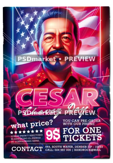 Flag Portrait Cesar Chavez Day Ticket Flyer PSD Template — PSD template preview