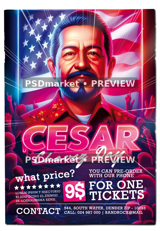 Flag Portrait Cesar Chavez Day Ticket Flyer PSD Template — PSD template preview