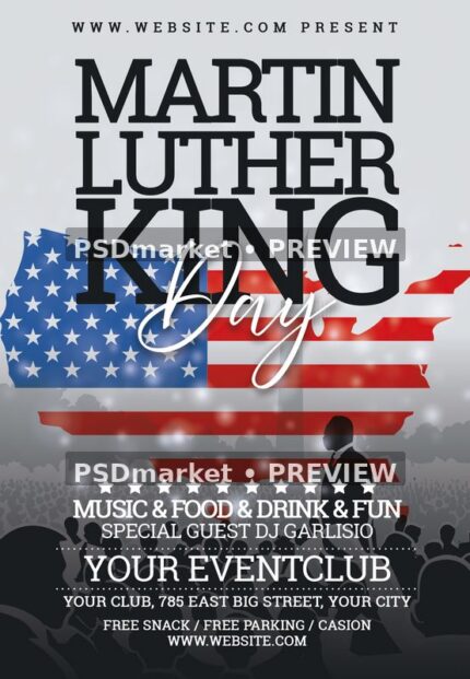 Martin Luther King Day flyer with large black headline, American flag map, skyline and crowd silhouettes