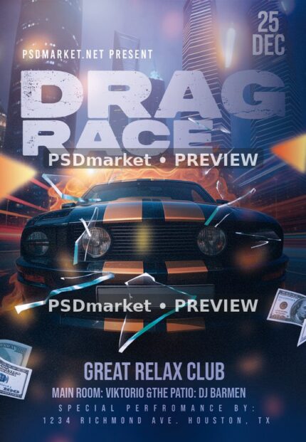 Flaming Muscle Car Drag Race Flyer — supplied source artwork preview