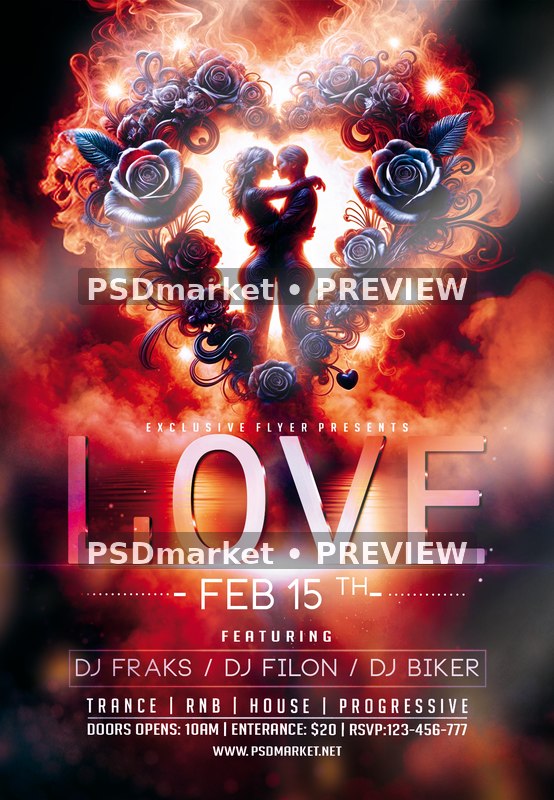 Flaming Rose Heart Couple Love Night Flyer PSD Template — PSD template preview