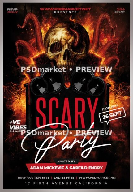 Flaming Skull Speaker Party Flyer PSD Template — reduced watermarked source artwork preview
