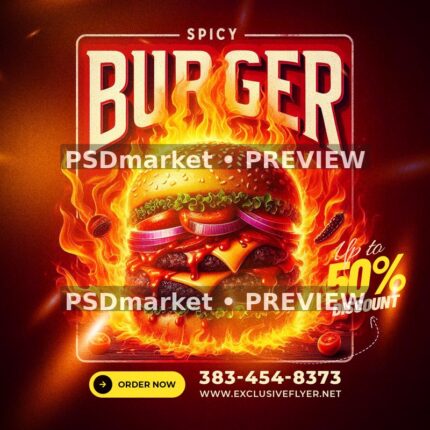 Flaming Spicy Burger Square Flyer PSD Template — PSD template preview