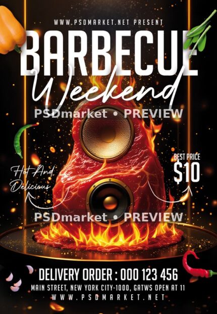 Flaming Steak Speaker Barbecue Weekend Flyer PSD Template — PSD template preview