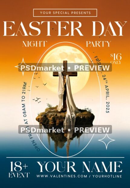 Floating Cross Easter Day Party Flyer PSD Template — PSD template preview